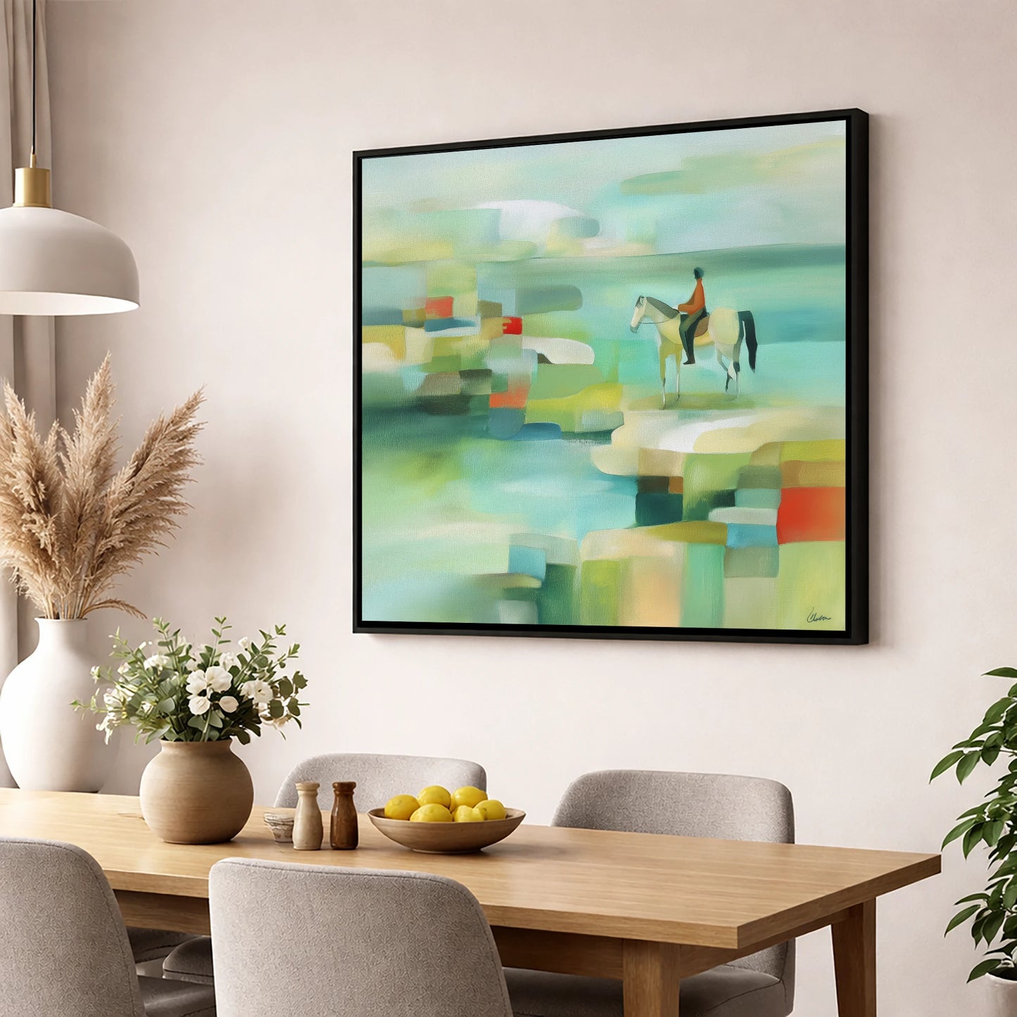 Geometric Shoreline Rider beach horse wall art displayed in a dining room