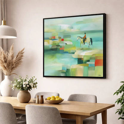 Geometric Shoreline Rider beach horse wall art displayed in a dining room