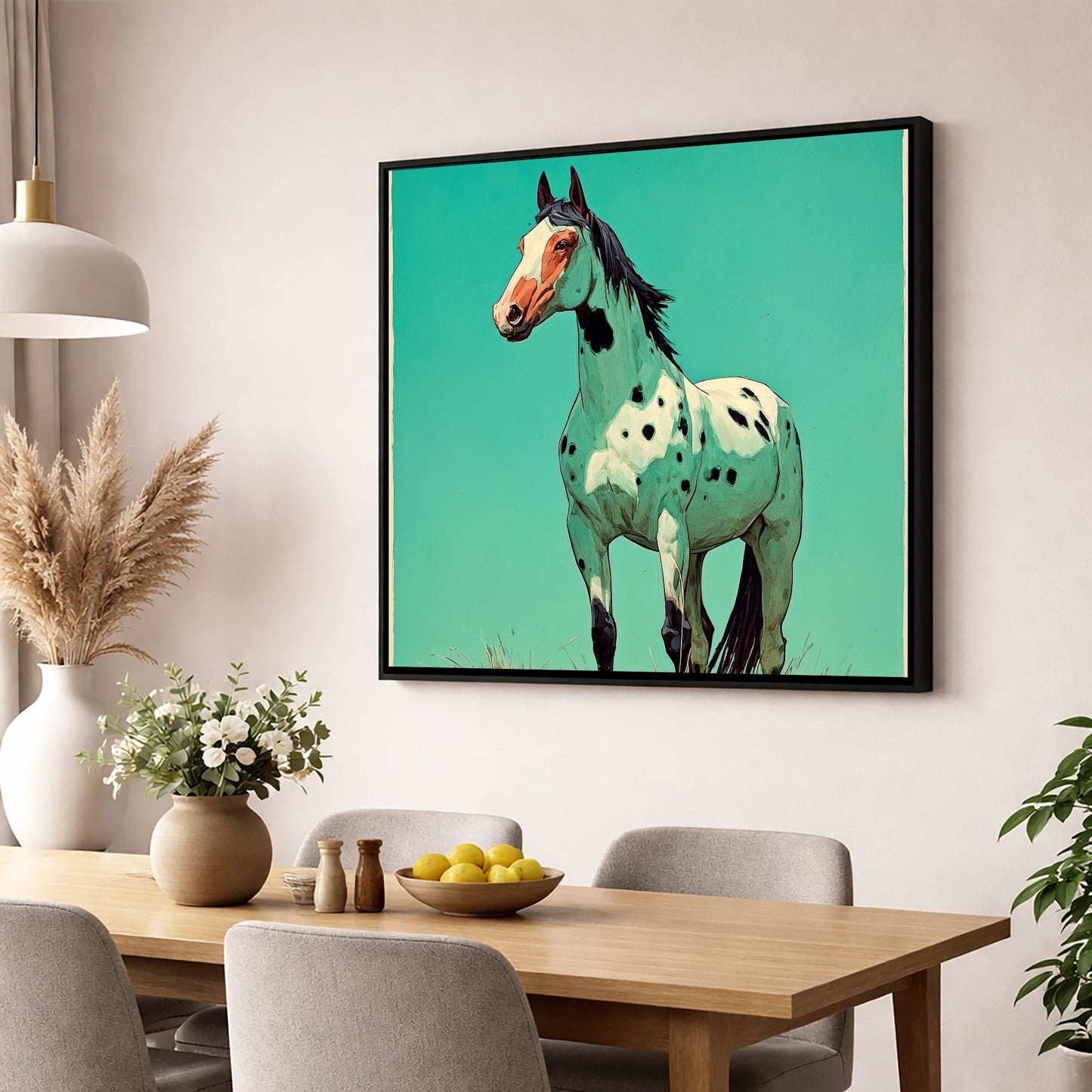 Vibrant Appaloosa Portrait horse breed wall art displayed in a dining room