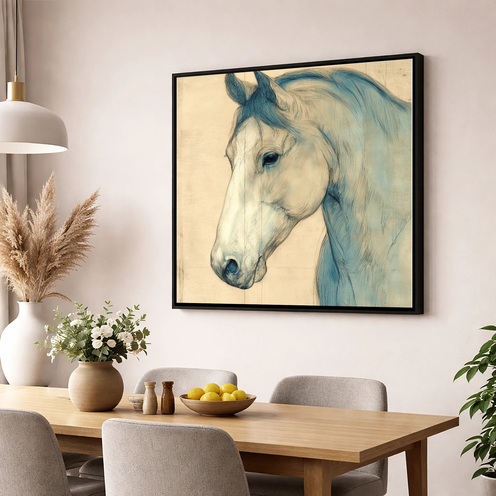 Parchment Profile Study horse portrait wall art displayed in a dining room