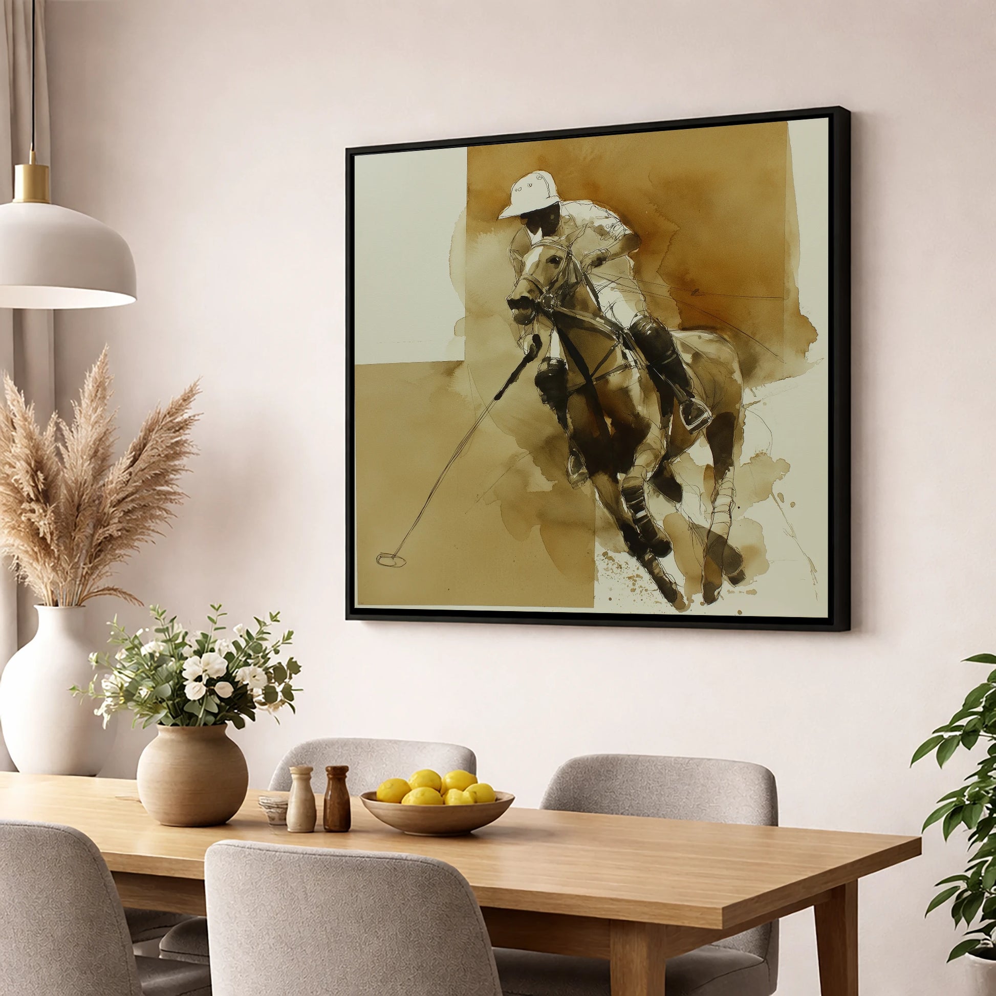 Sepia Polo Charge polo horse wall art displayed in a dining room