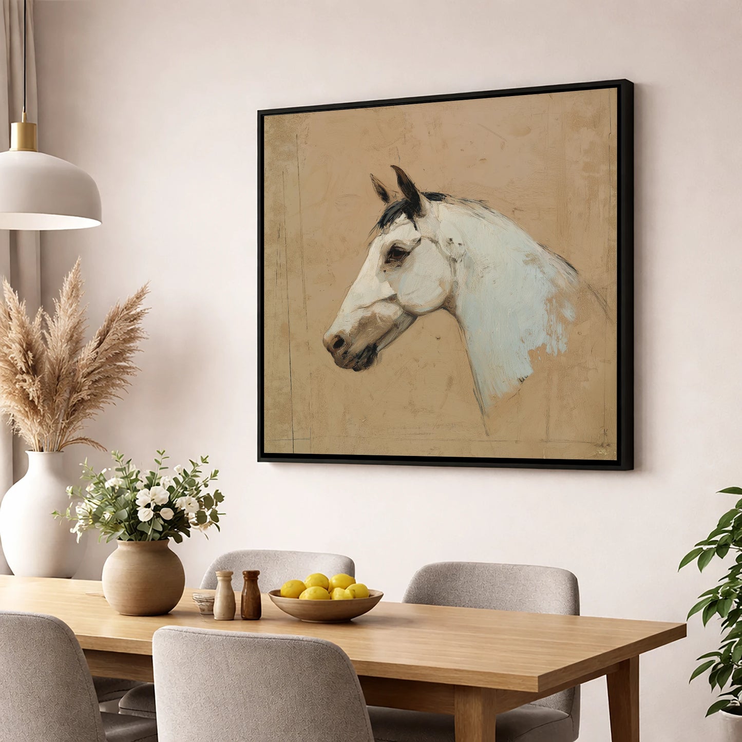 Elegance in Grey horse portrait wall art displayed in a dining room