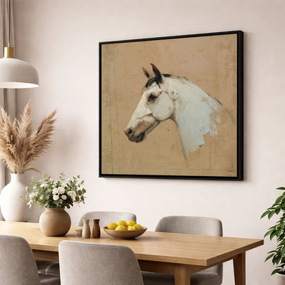 Elegance in Grey horse portrait wall art displayed in a dining room