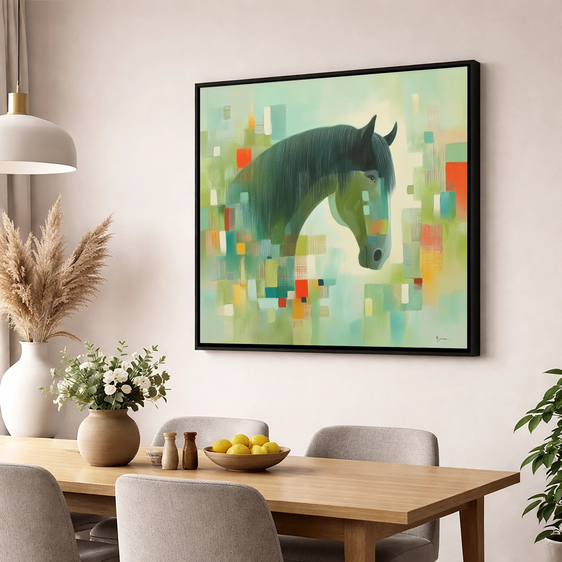 Abstract Equine Harmony horse breed wall art displayed in a dining room
