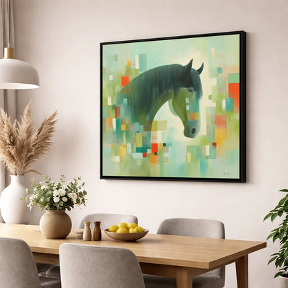 Abstract Equine Harmony horse breed wall art displayed in a dining room
