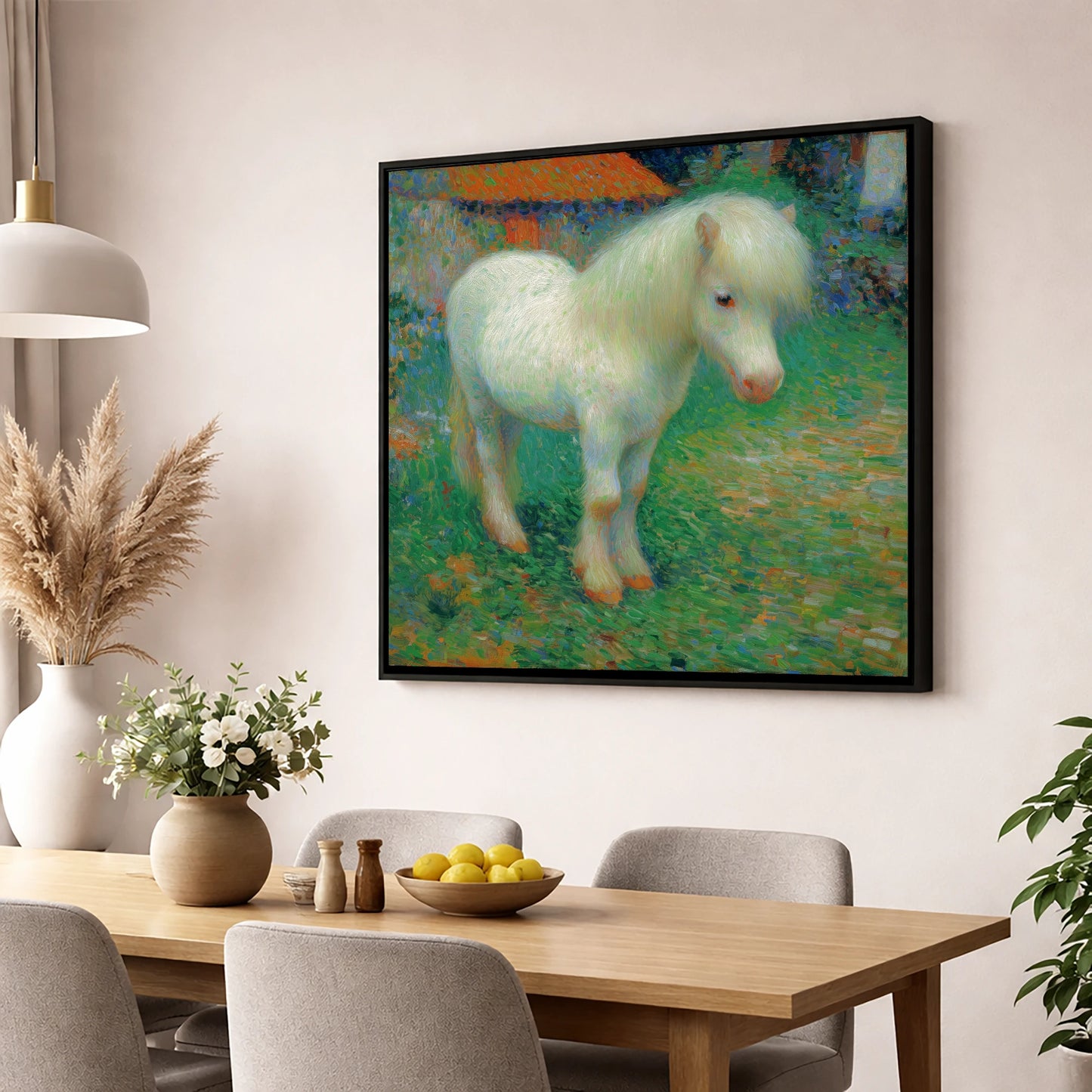 Sunlit White Pony horse breed wall art displayed in a dining room