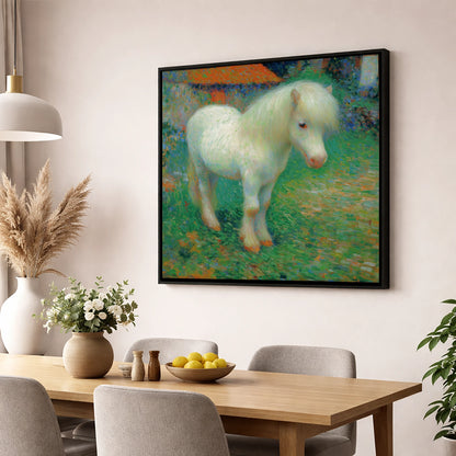 Sunlit White Pony horse breed wall art displayed in a dining room