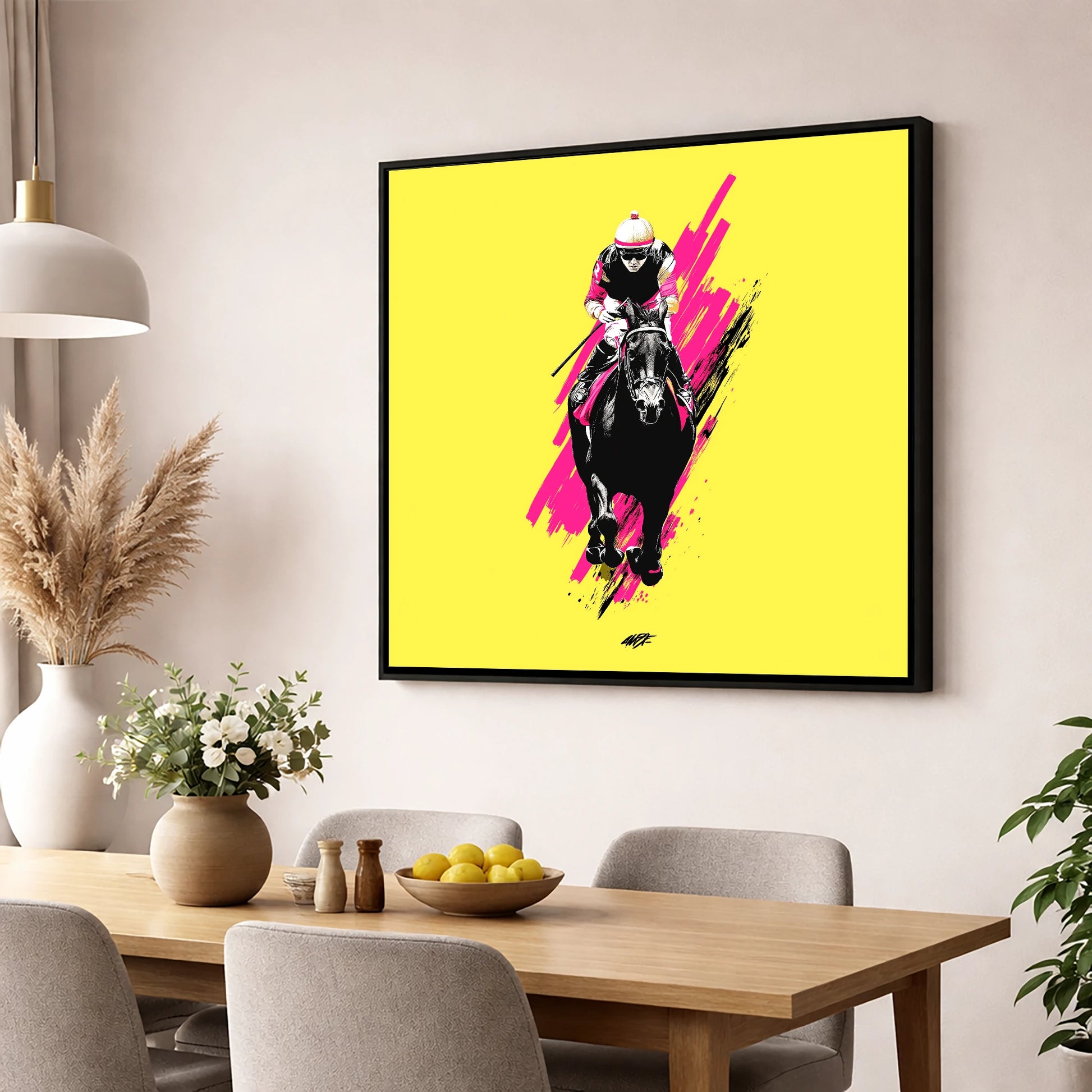 The Front Runner racing horse wall art displayed in a dining room