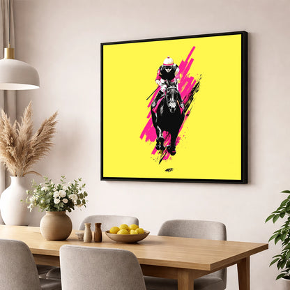The Front Runner racing horse wall art displayed in a dining room