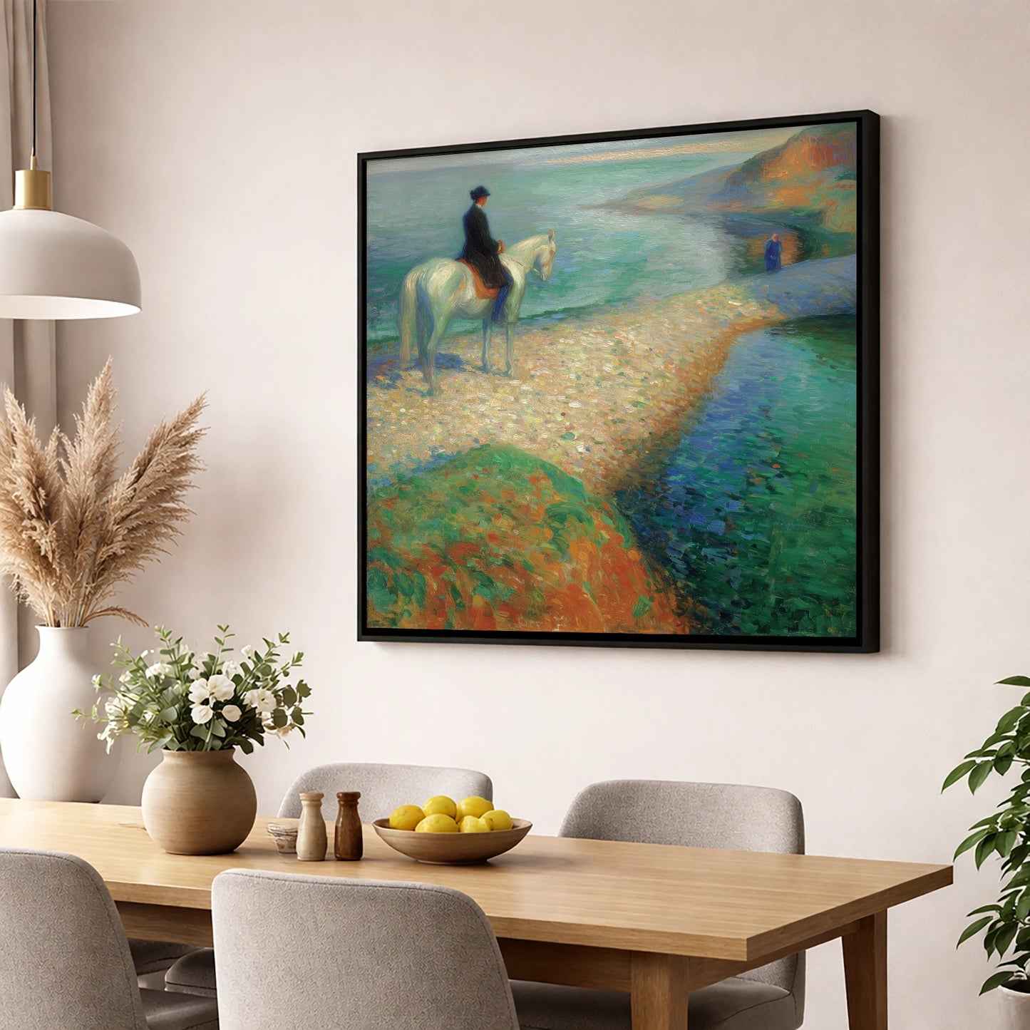 Luminous Coastal Hack beach horse wall art displayed in a dining room