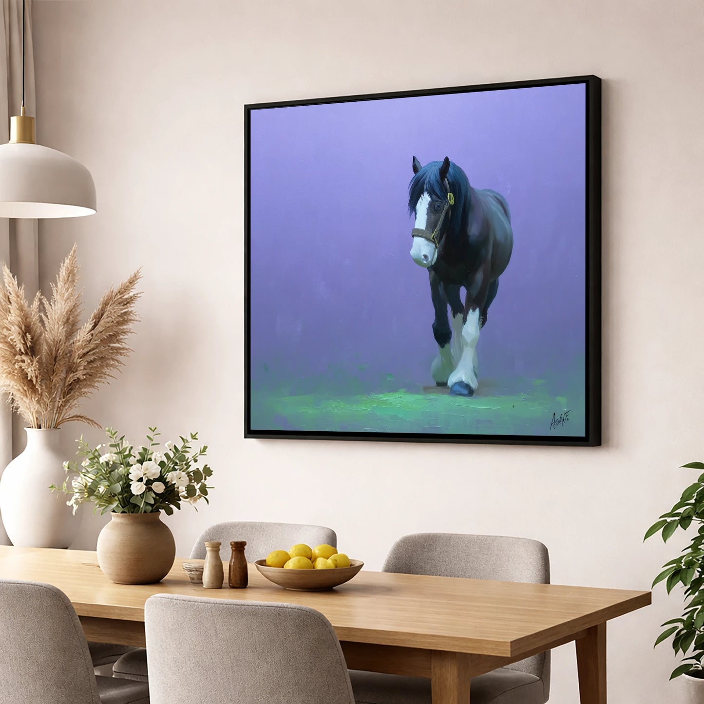The Stepping Cob horse breed wall art displayed in a dining room