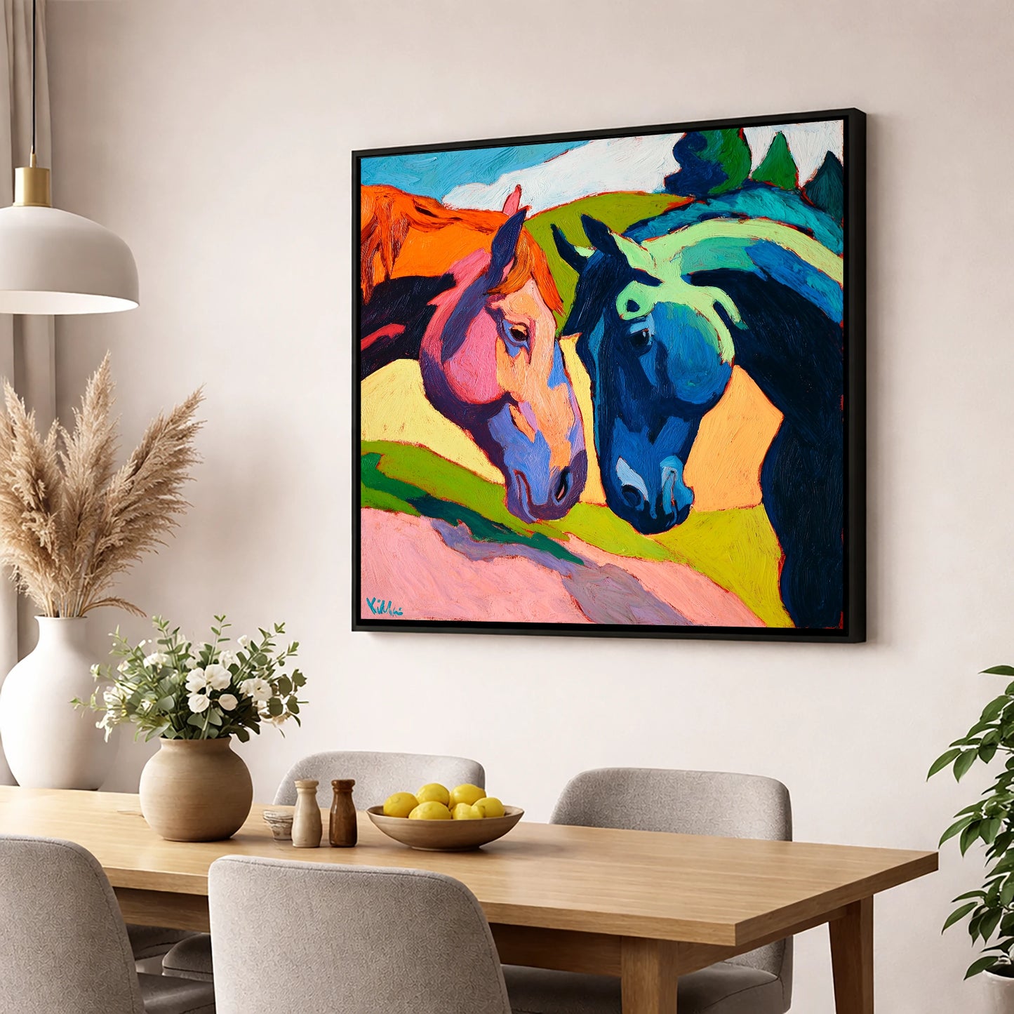 Vibrant Equine Connection horse portrait wall art displayed in a dining room