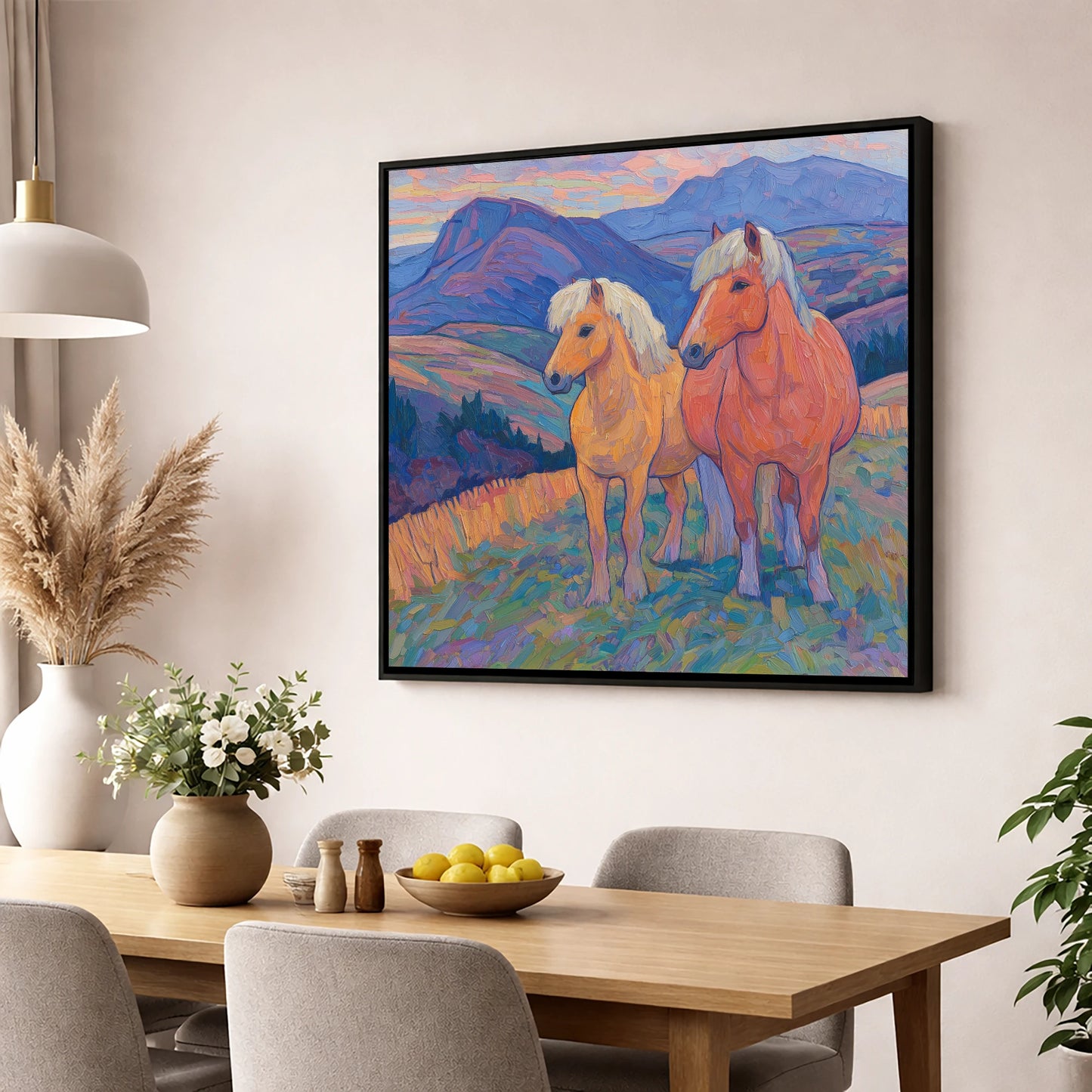 Highland Fjord Companions horse landscape wall art displayed in a dining room