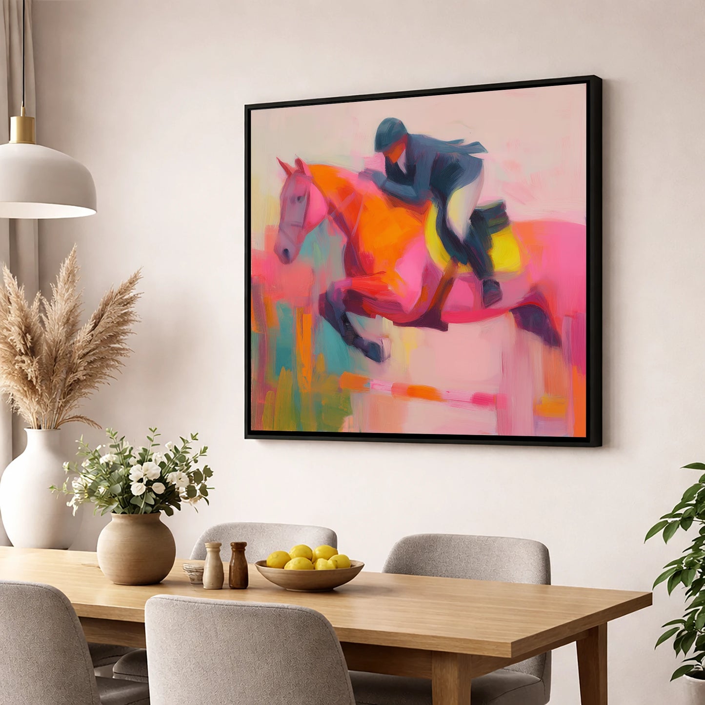 Flight in Vibrant Colour show jumping horse wall art displayed in a dining room