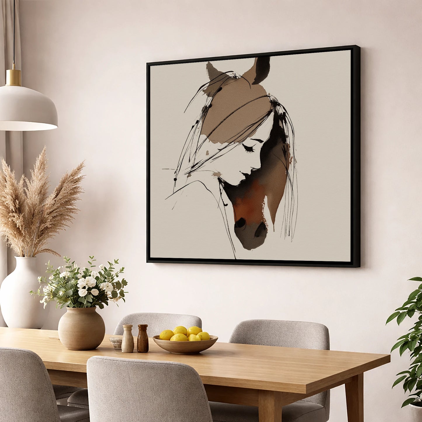 Intertwined Spirits horse & rider wall art displayed in a dining room