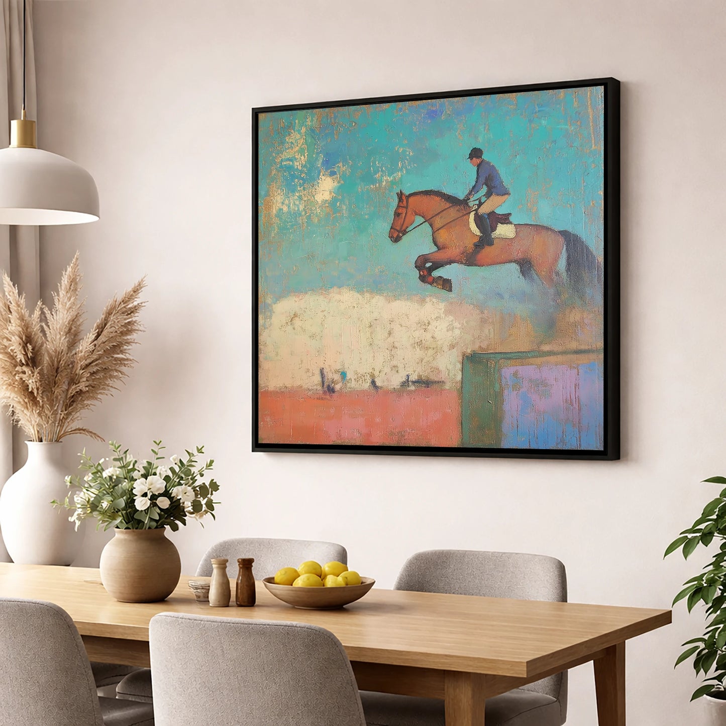 Taking Flight show jumping horse wall art displayed in a dining room