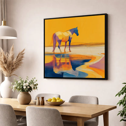 Golden Equine Mirage horse landscape wall art displayed in a dining room