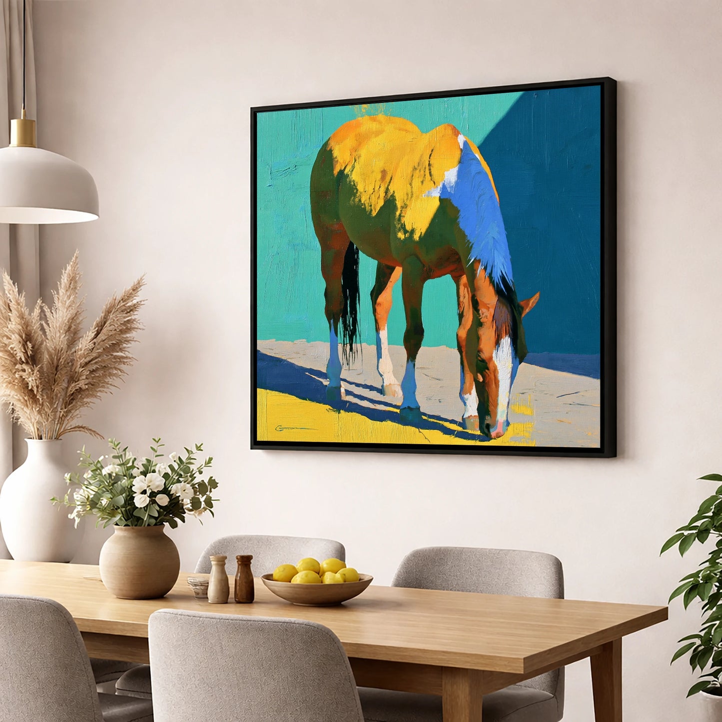 Grazing Horse in Vibrant Light horse breed wall art displayed in a dining room