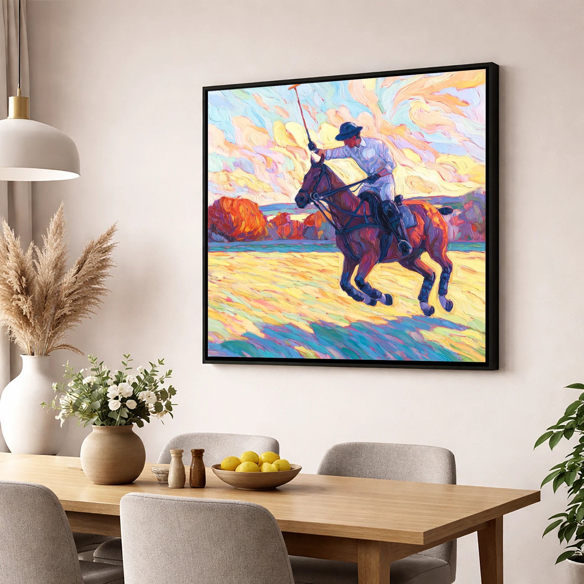 The Final Chukka polo horse wall art displayed in a dining room