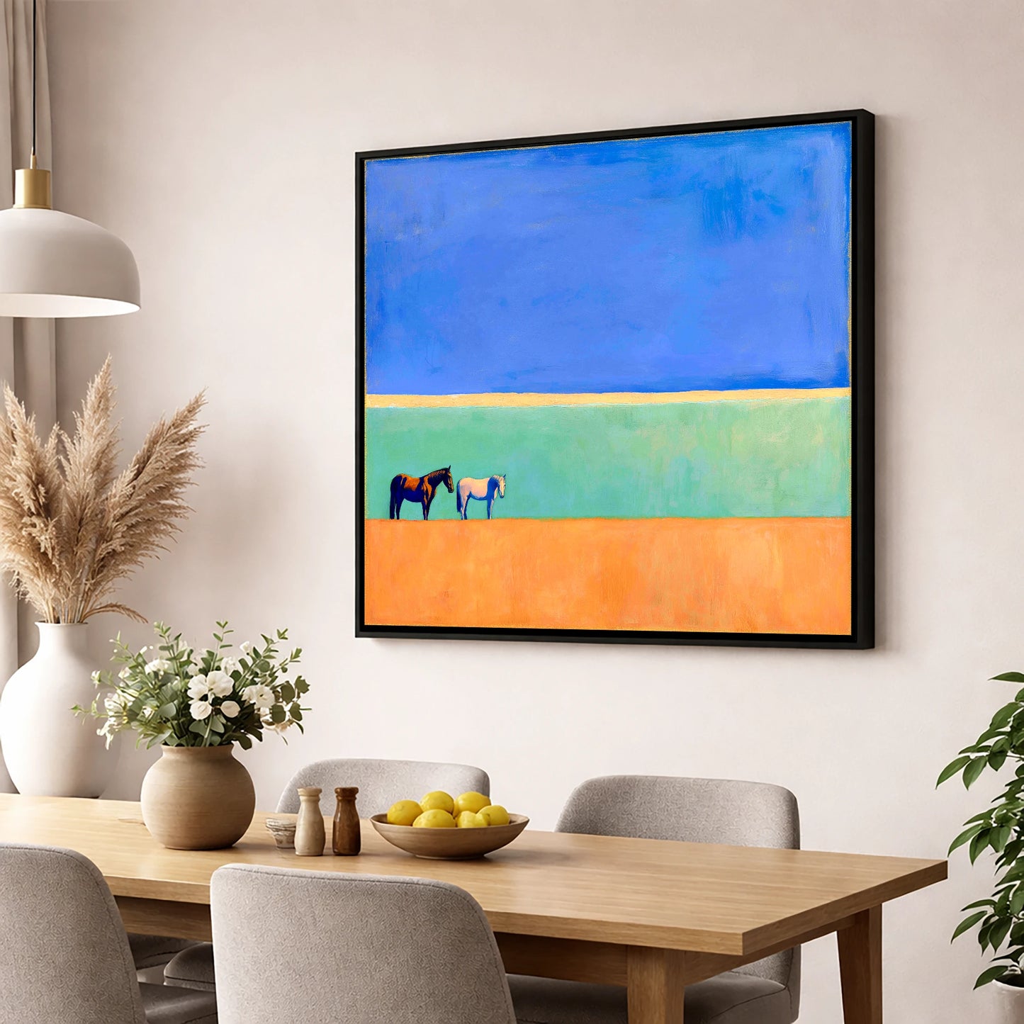 Sunlit Plain horse landscape wall art displayed in a dining room