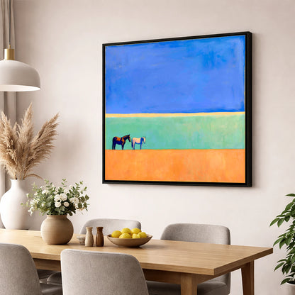 Sunlit Plain horse landscape wall art displayed in a dining room