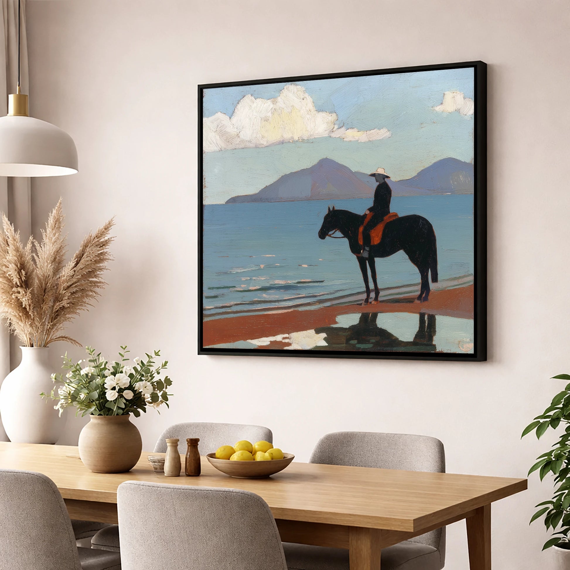 Silhouette on the Sands beach horse wall art displayed in a dining room