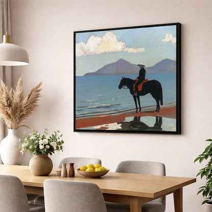 Silhouette on the Sands beach horse wall art displayed in a dining room