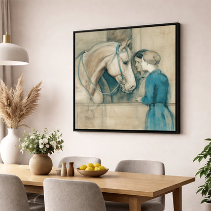 A Gentle Exchange horse & rider wall art displayed in a dining room