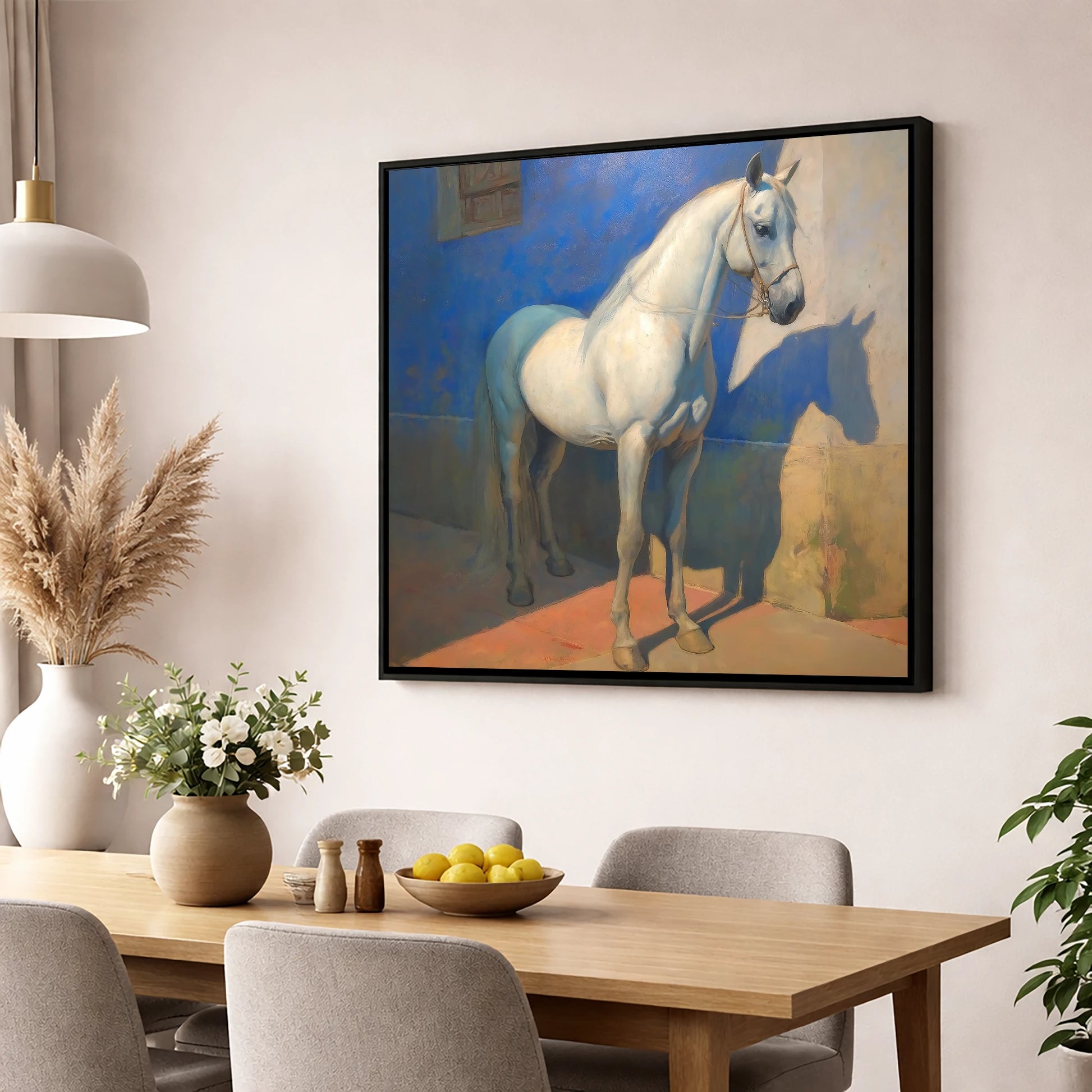 The Azure Courtyard horse breed wall art displayed in a dining room