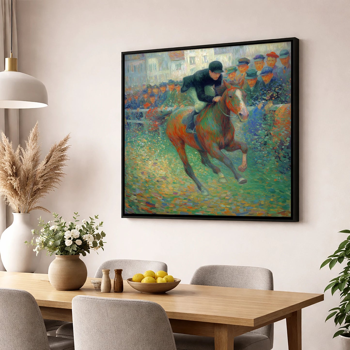 The Finishing Straight racing horse wall art displayed in a dining room