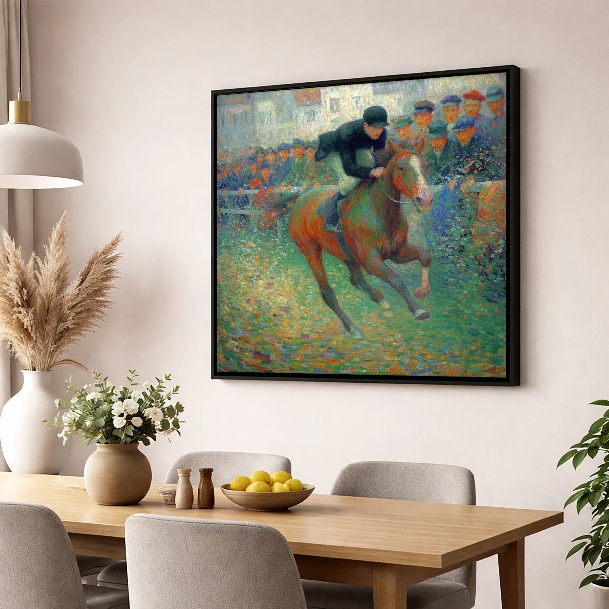The Finishing Straight racing horse wall art displayed in a dining room