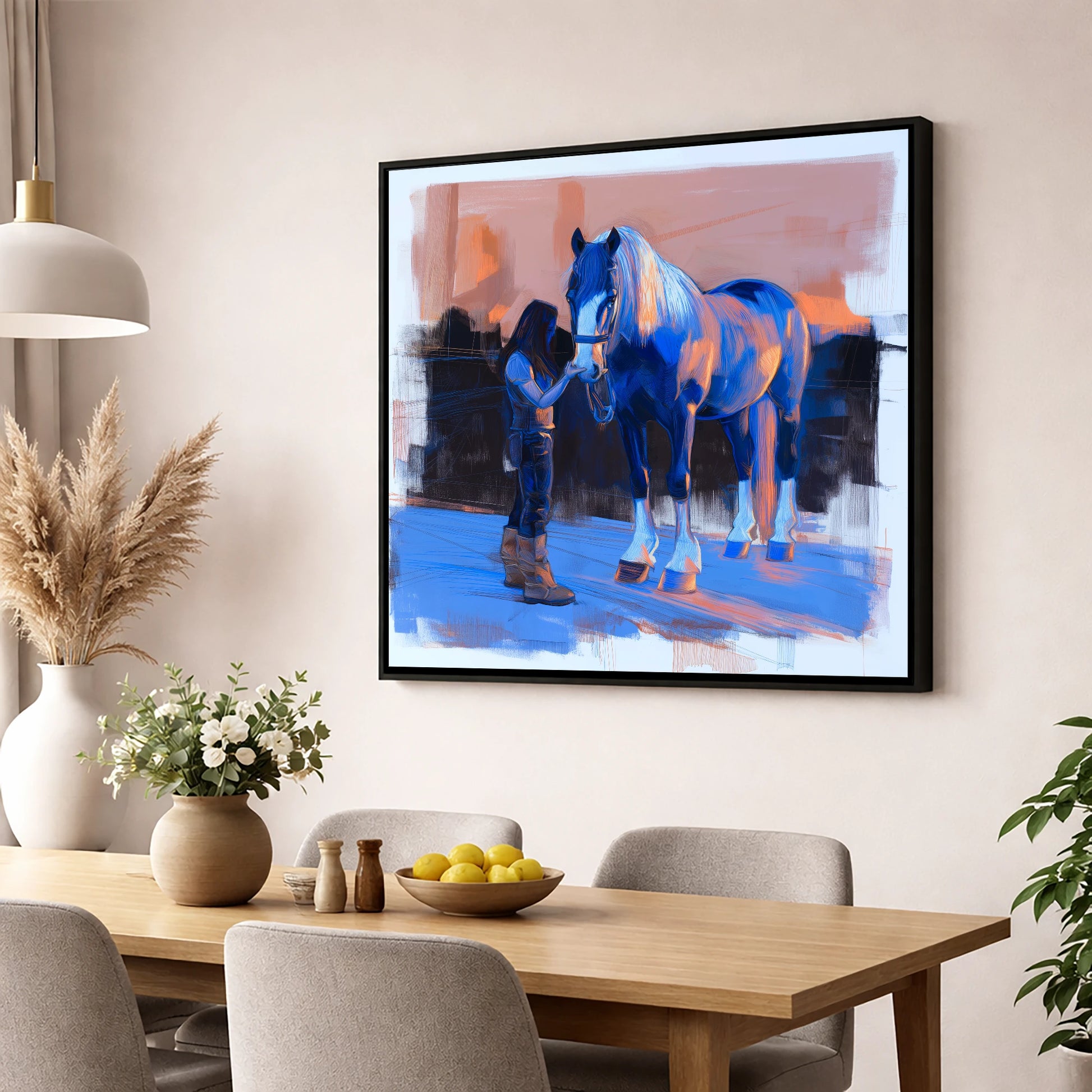 The Gentle Bond horse & rider wall art displayed in a dining room