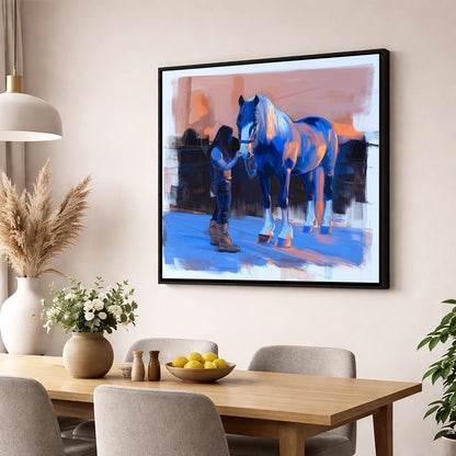 The Gentle Bond horse & rider wall art displayed in a dining room