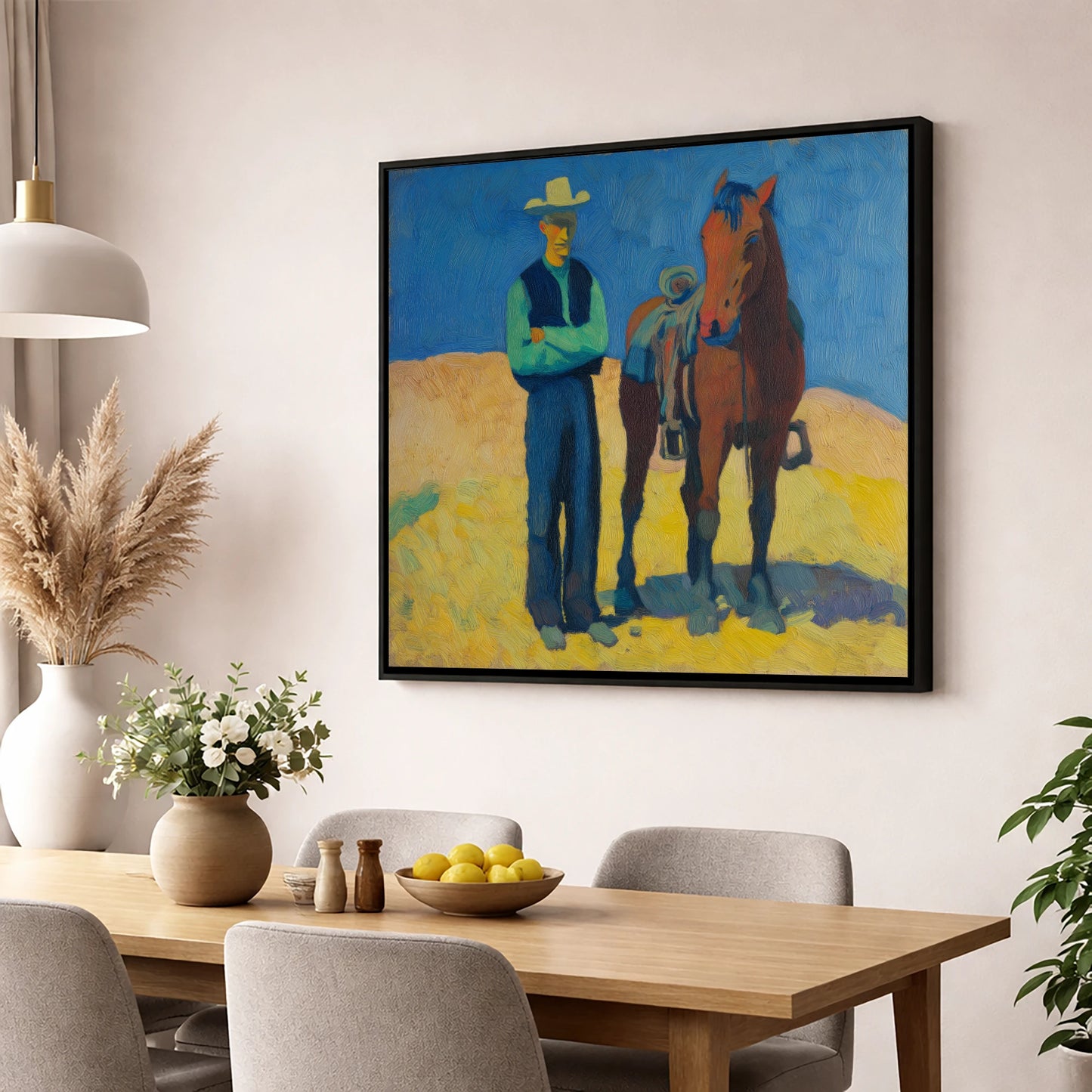 High Noon Shadows western horse wall art displayed in a dining room