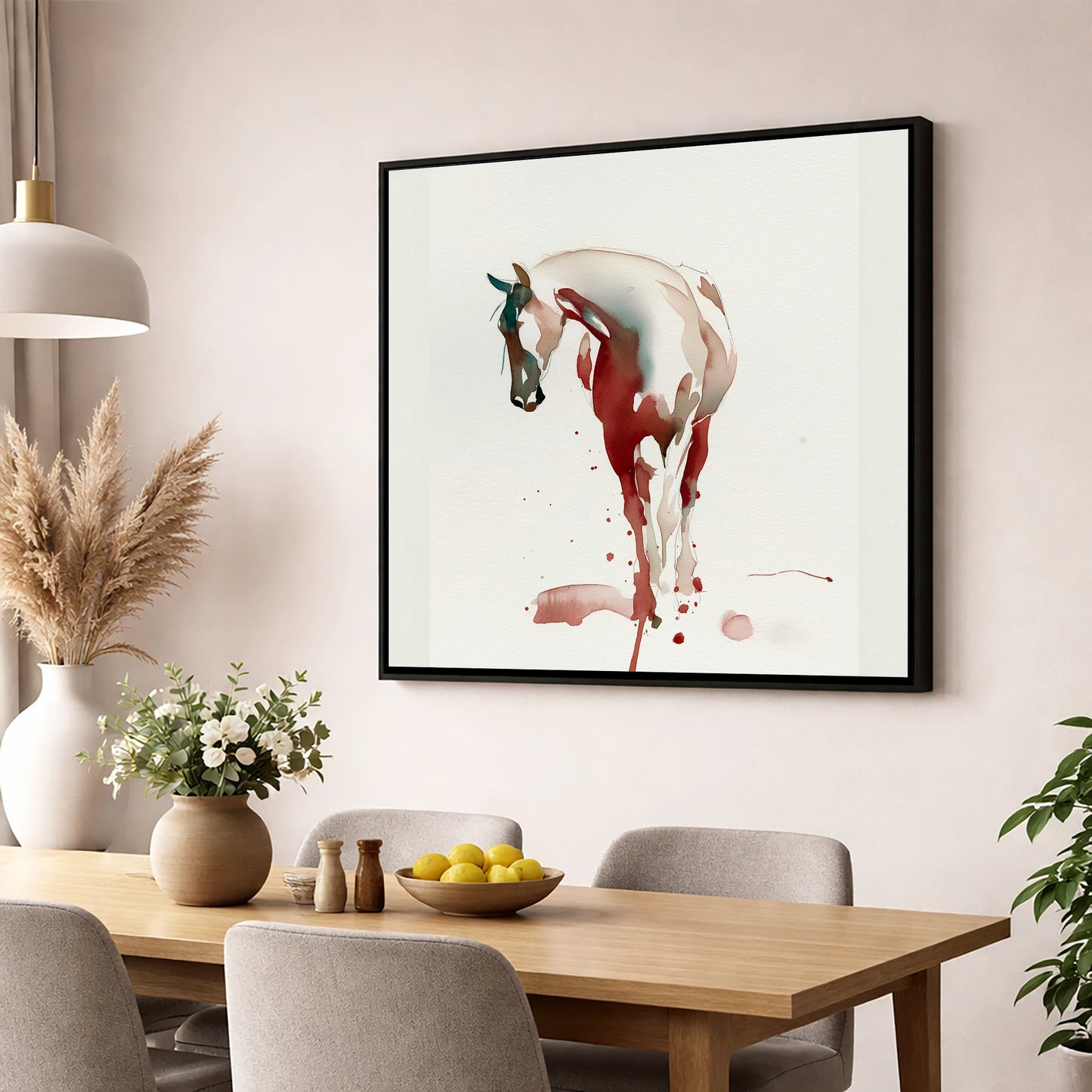 Crimson Wash Silhouette horse breed wall art displayed in a dining room