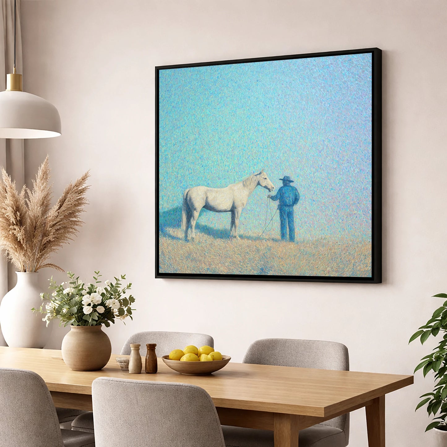 The Quiet Plains western horse wall art displayed in a dining room