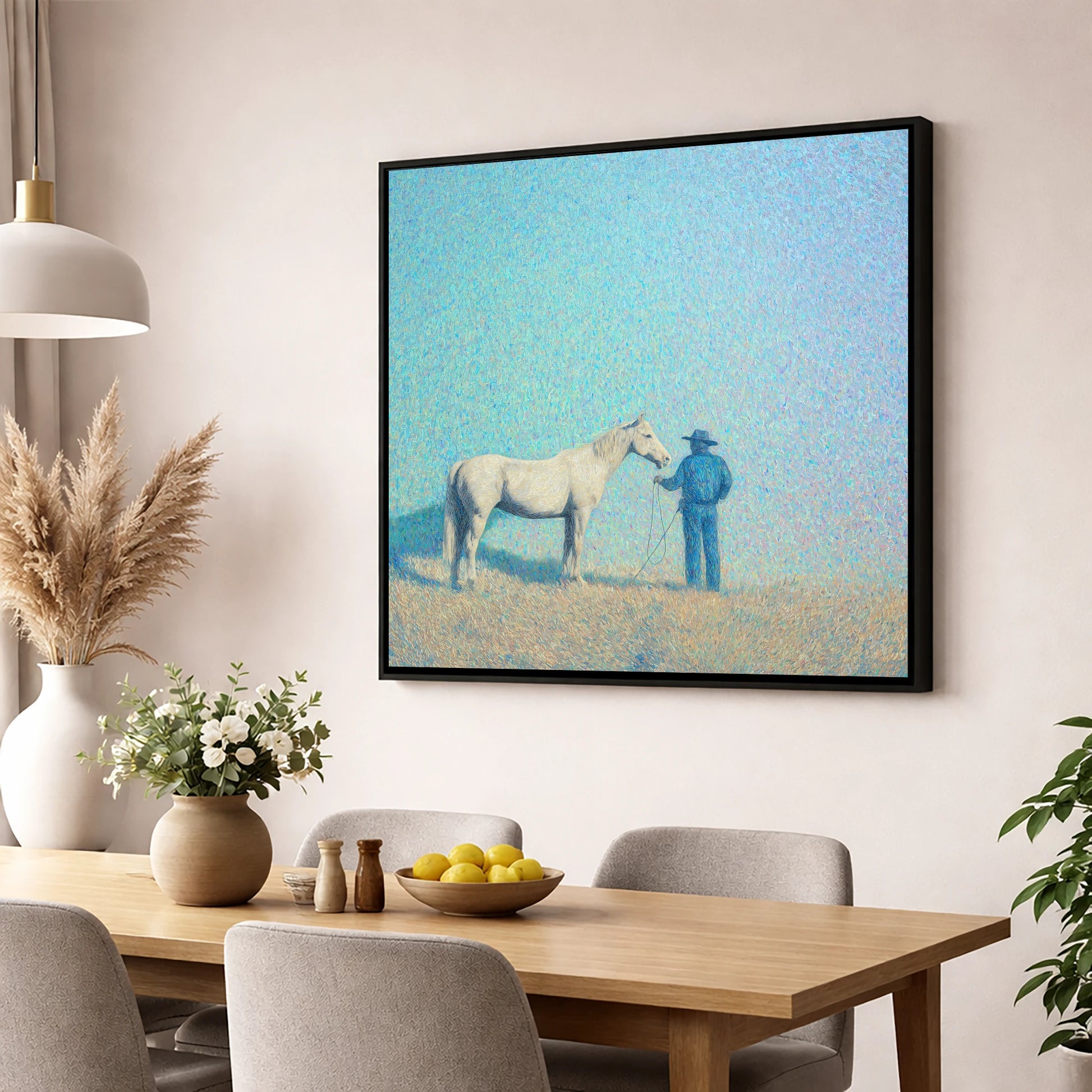 The Quiet Plains western horse wall art displayed in a dining room
