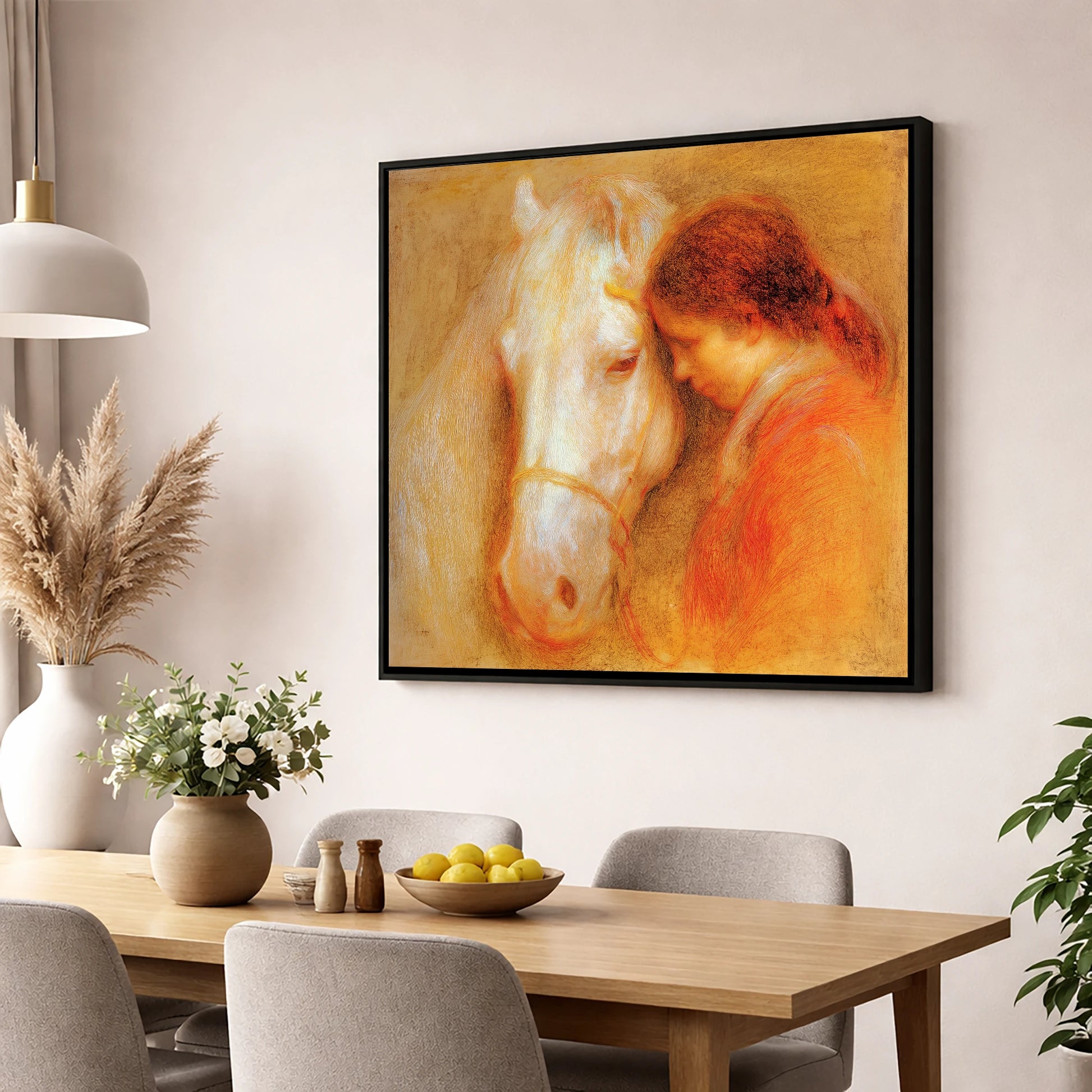 The Unspoken Bond horse & rider wall art displayed in a dining room