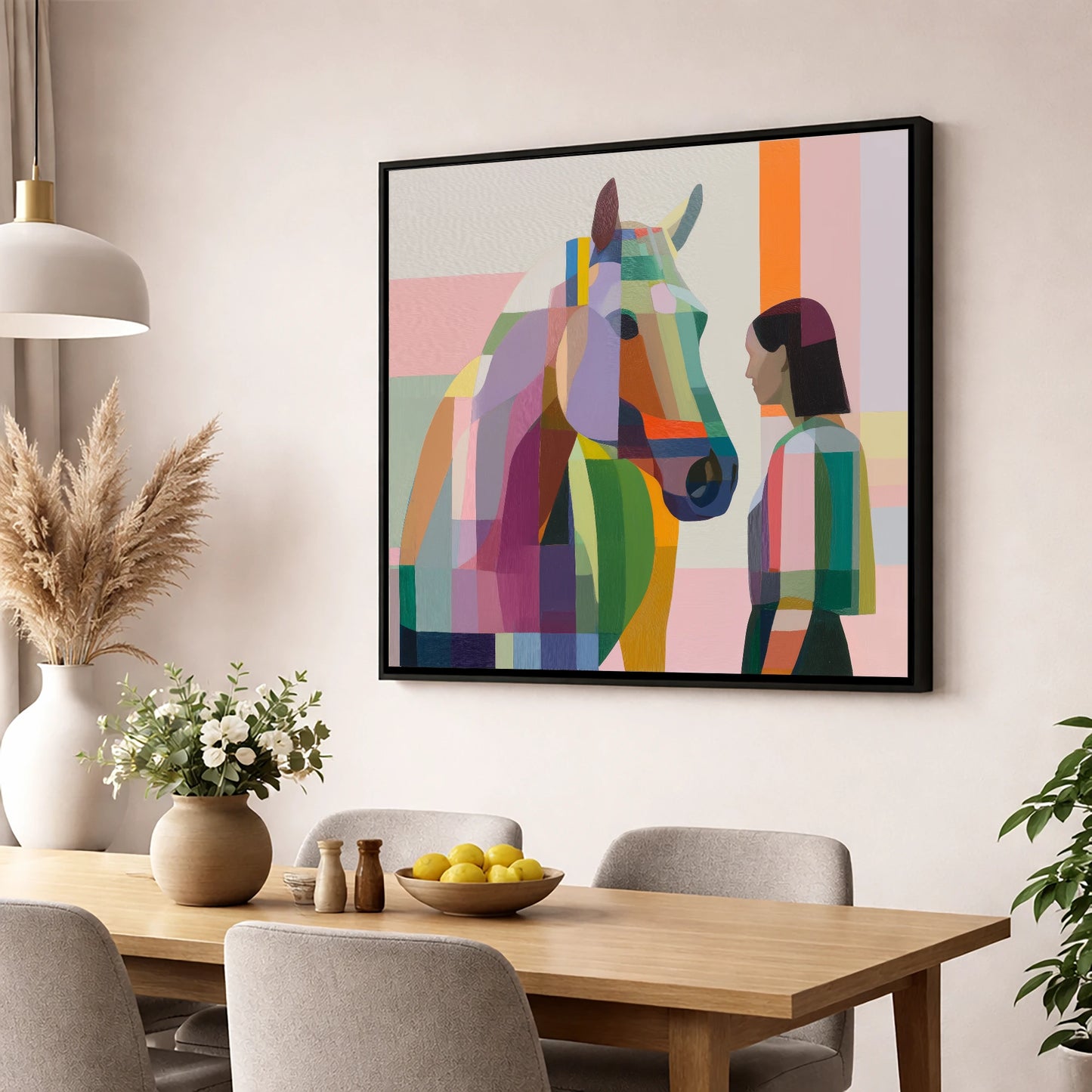 Prismatic Partnership horse & rider wall art displayed in a dining room