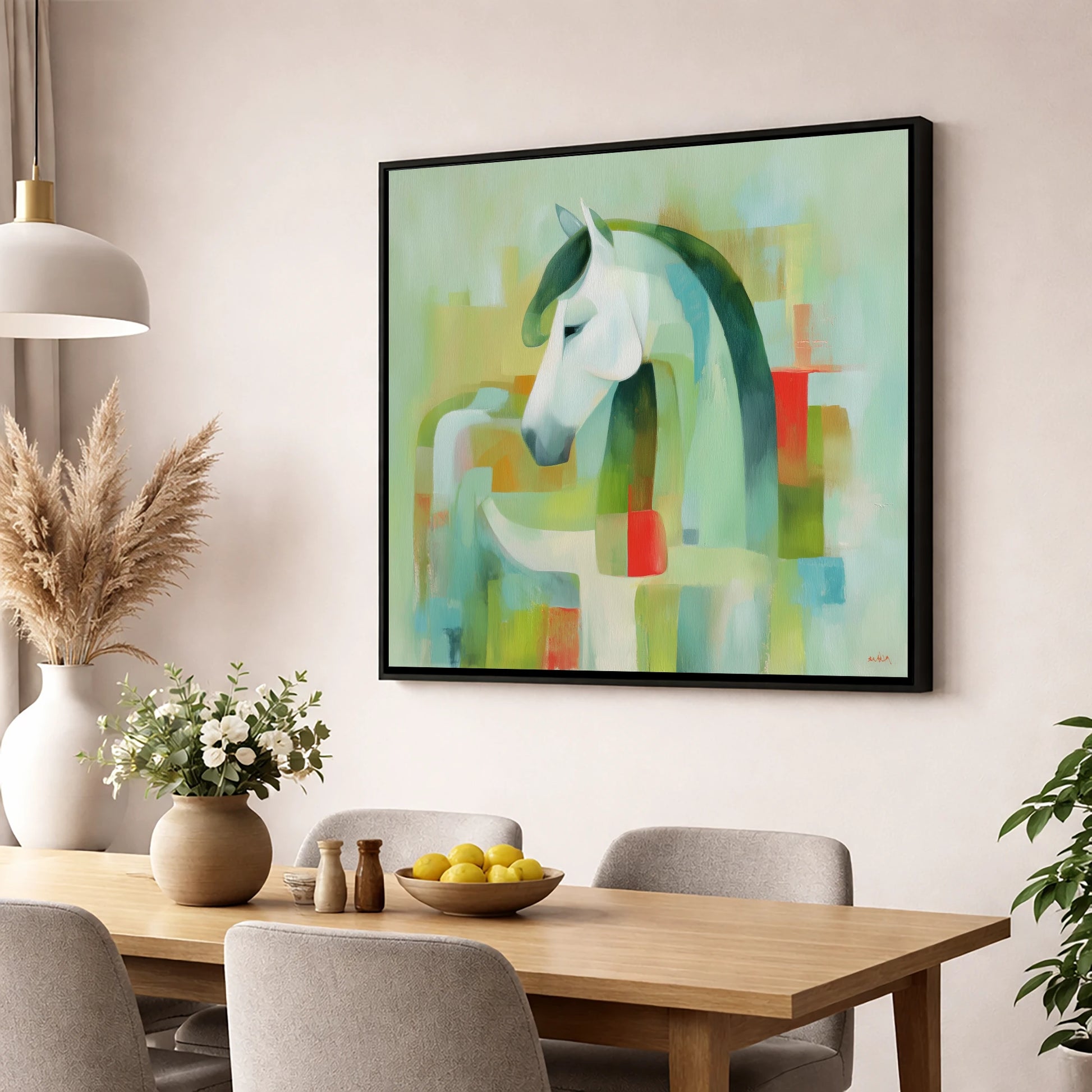 Modernist Mint Profile horse breed wall art displayed in a dining room
