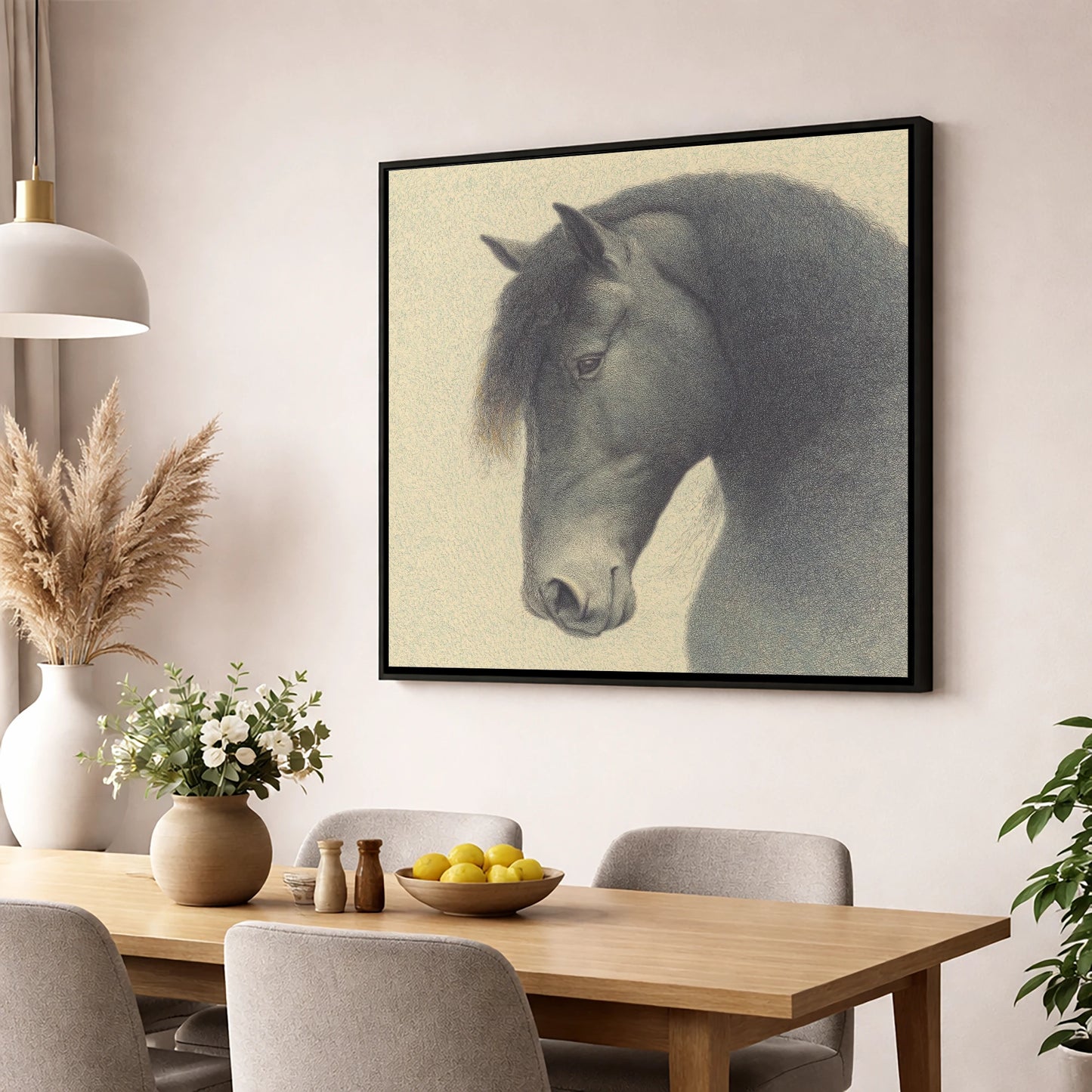 Quiet Nobility horse breed wall art displayed in a dining room