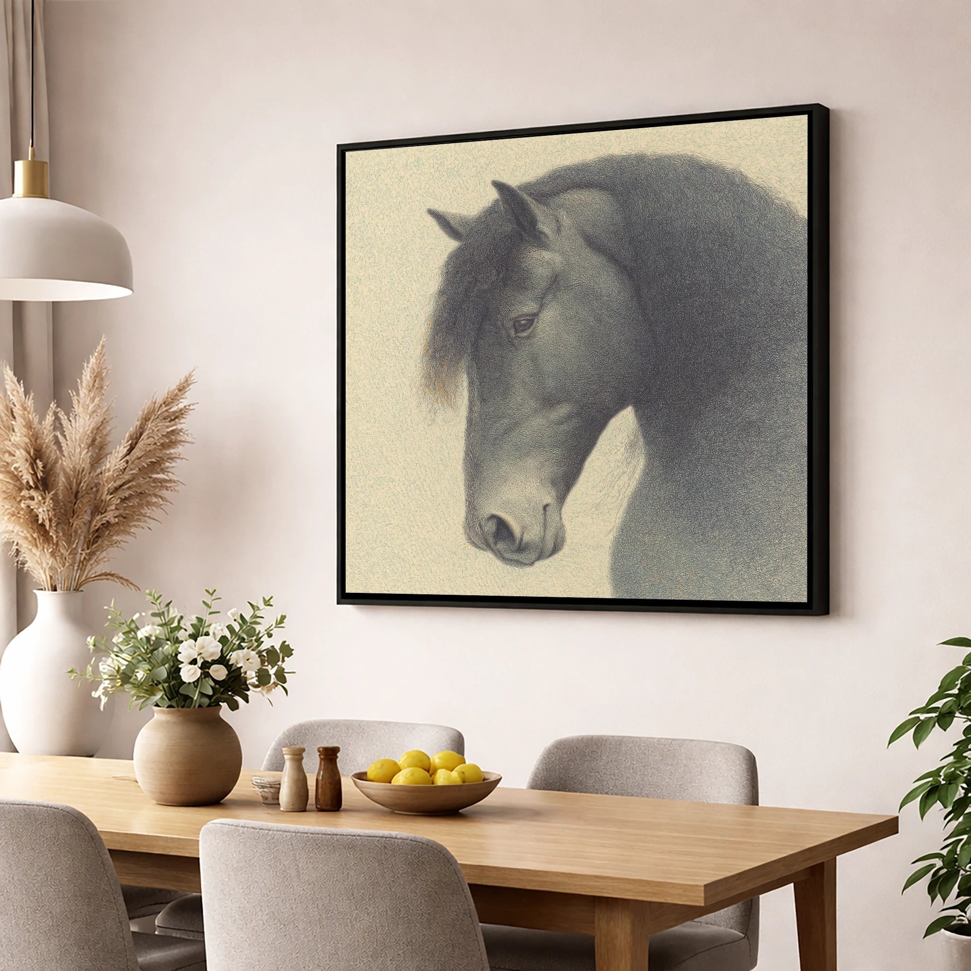 Quiet Nobility horse breed wall art displayed in a dining room