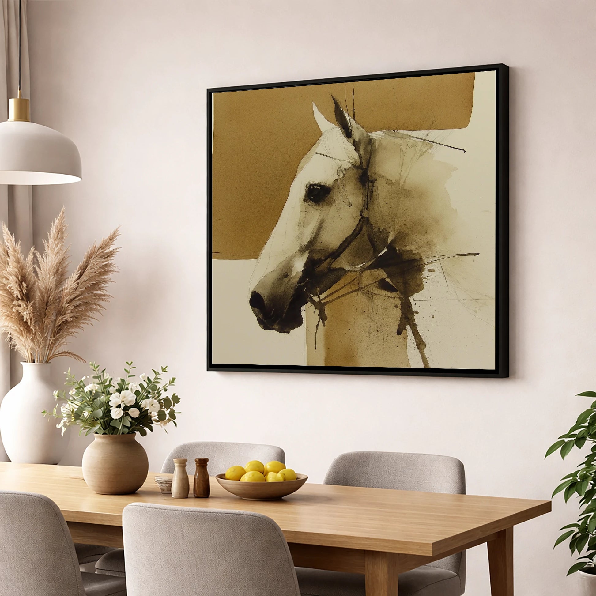 Sepia Equine Study horse breed wall art displayed in a dining room
