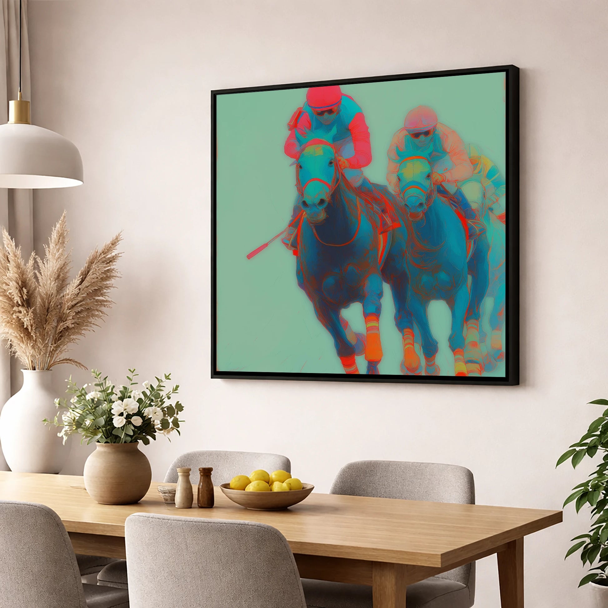 Electric Furlong racing horse wall art displayed in a dining room