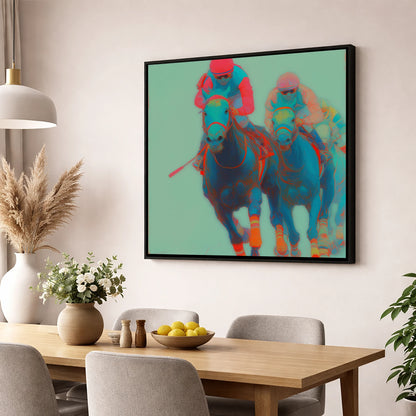 Electric Furlong racing horse wall art displayed in a dining room
