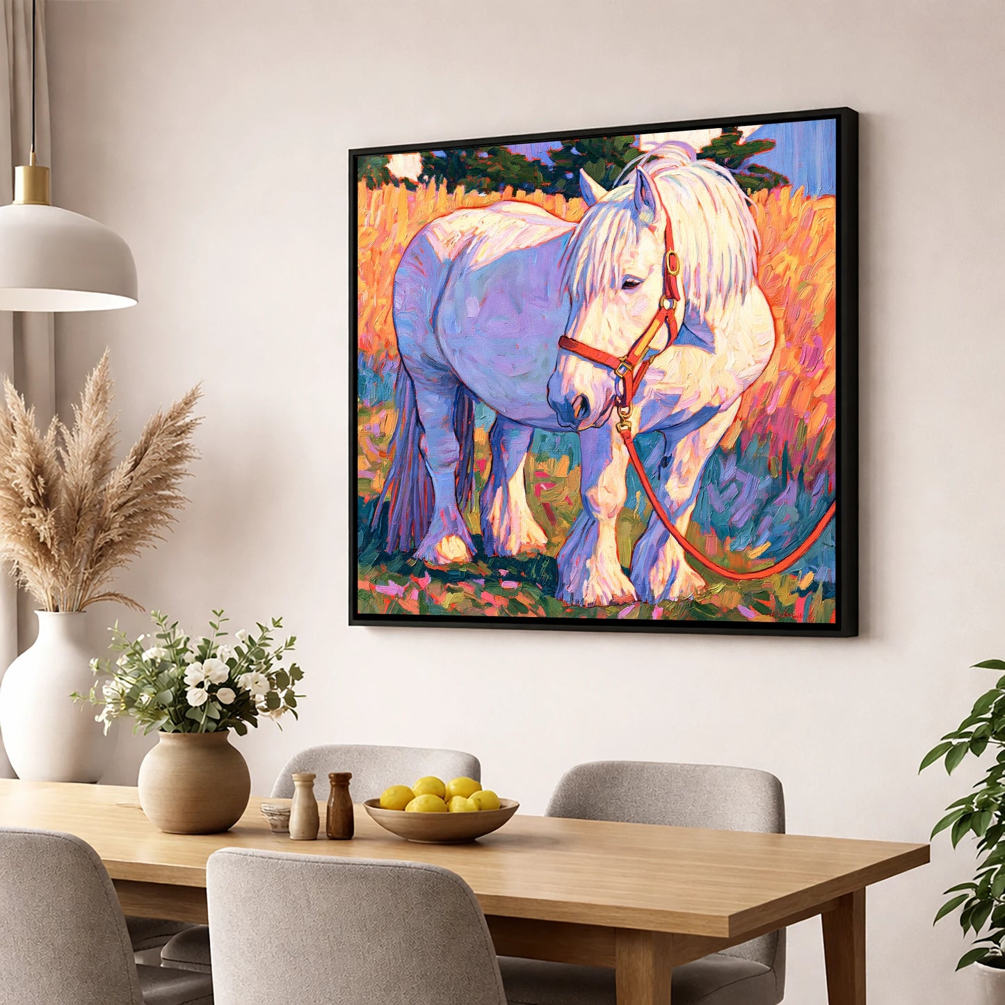 Feathered Cob in Vibrant Light horse breed wall art displayed in a dining room