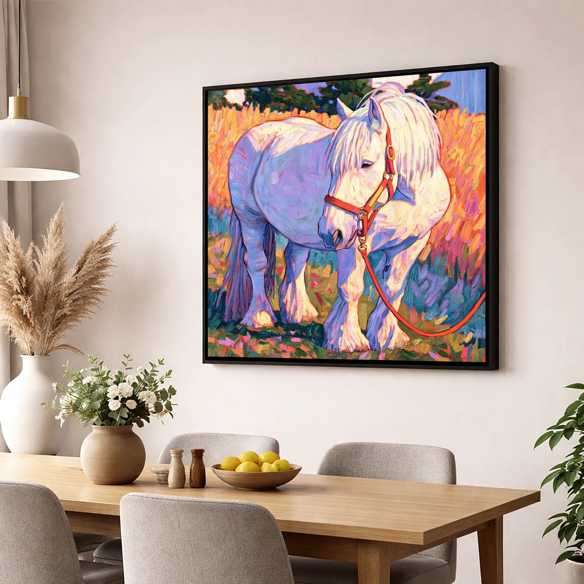 Feathered Cob in Vibrant Light horse breed wall art displayed in a dining room