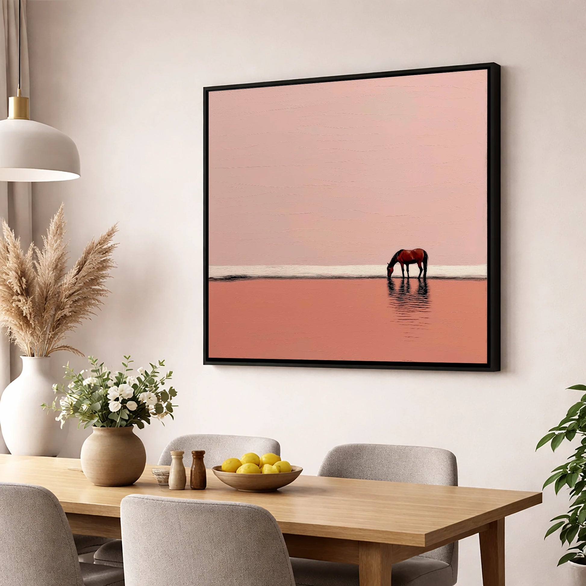Dusty Rose Solitude horse landscape wall art displayed in a dining room