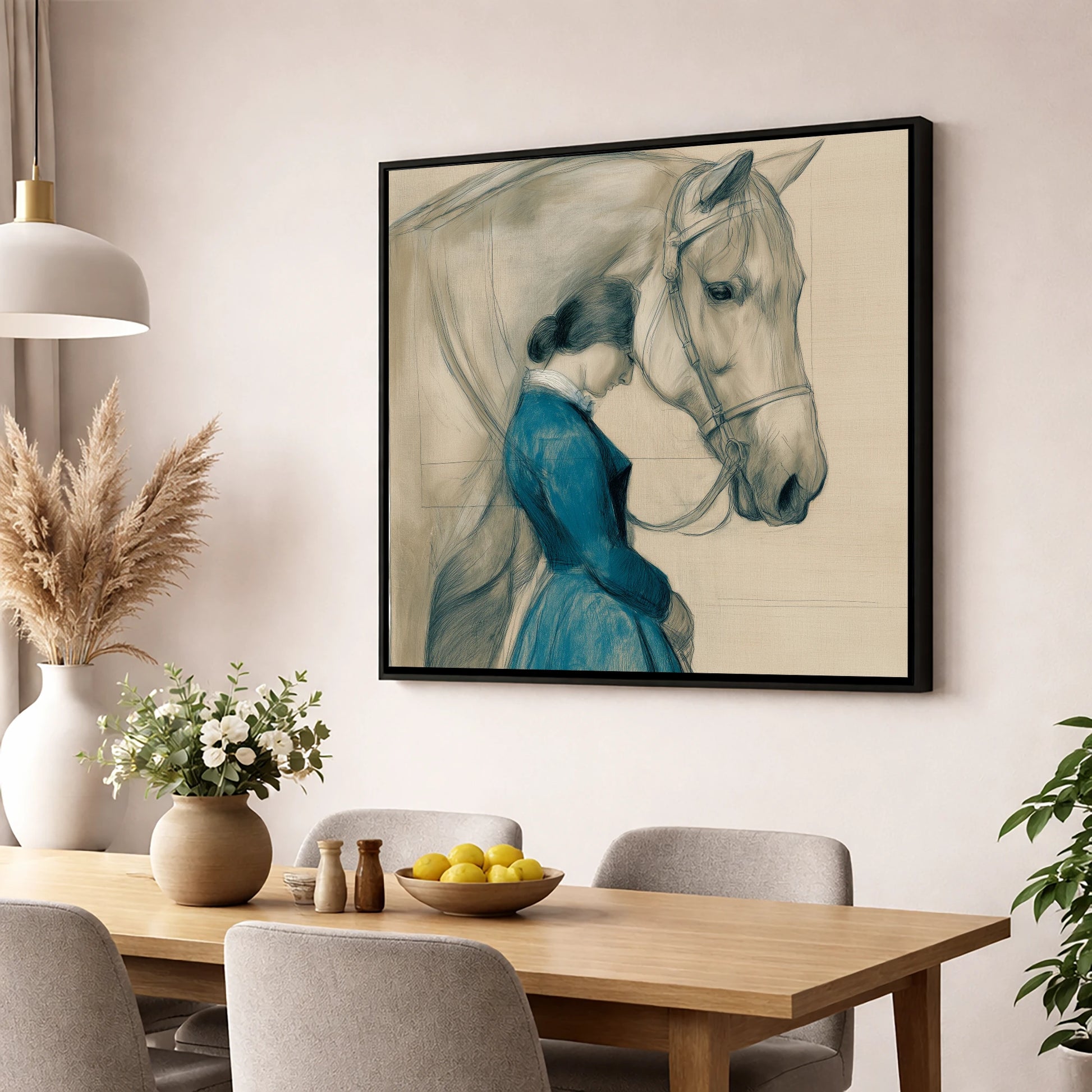 Solace in Stillness horse & rider wall art displayed in a dining room