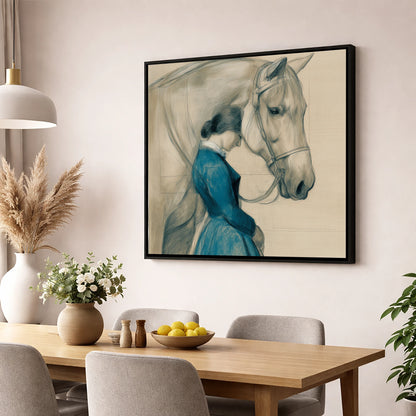 Solace in Stillness horse & rider wall art displayed in a dining room
